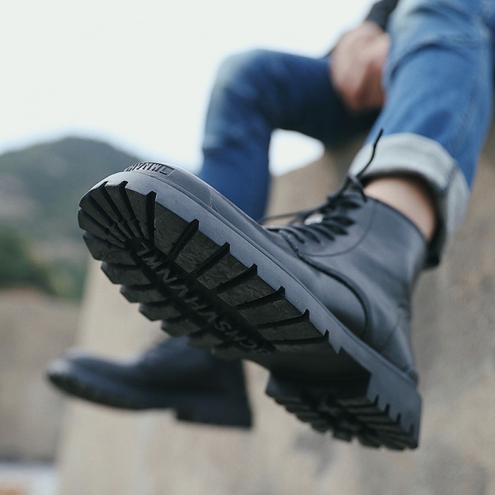 Men's Leather Mid-Top Boots High-Top Casual Shoes Increased Martin Boots Black